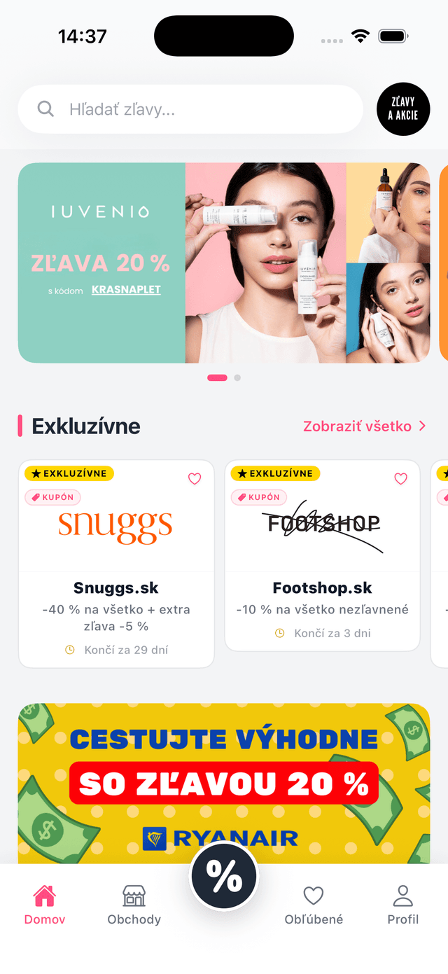 Personalizovaná úvodná obrazovka aplikácie Zľavy a Akcie